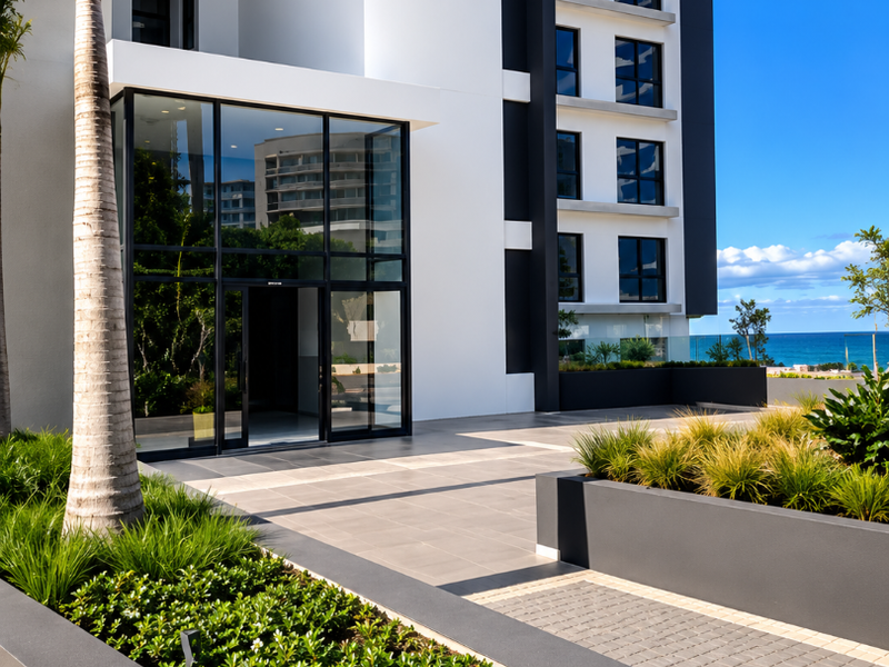 Modern multi-story building entrance featuring a glass facade, paved walkways, and landscaped raised planters with a view of the ocean.