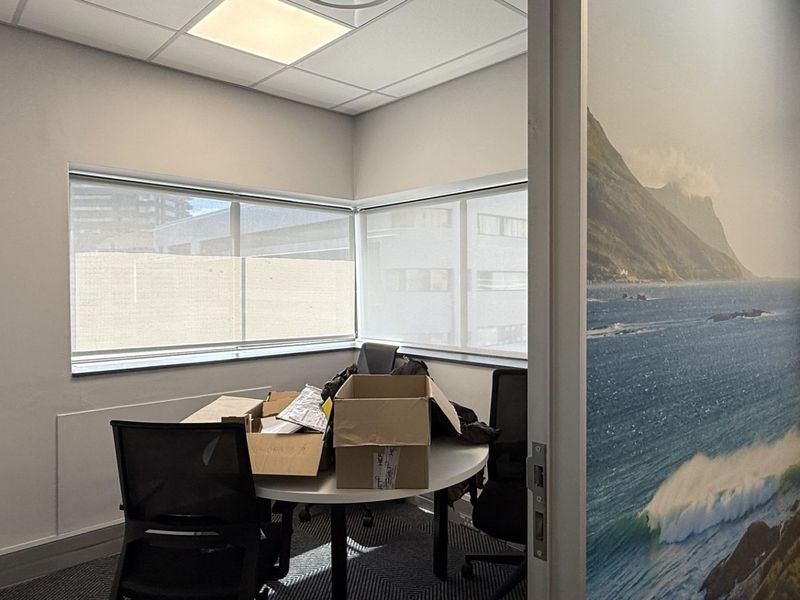 A modern office space featuring corner windows with roller blinds, a suspended ceiling with recessed lighting, and carpeted flooring.