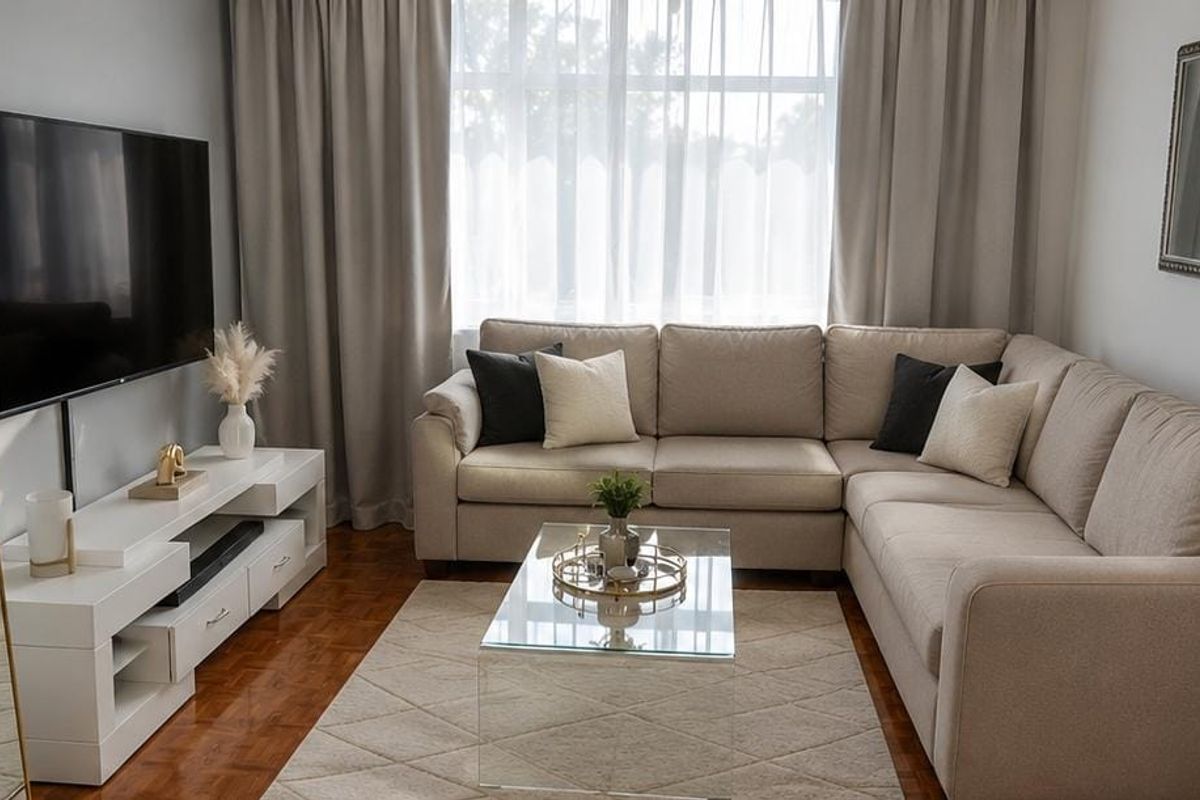 A well-maintained living room featuring warm parquet flooring, a large window with neutral curtains, and a clean, modern aesthetic.