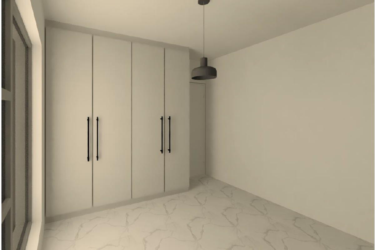 A modern, empty bedroom featuring sleek built-in wardrobes, marble-look floor tiles, and a contemporary pendant light fixture.