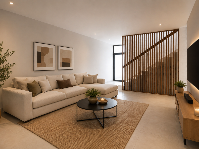 Modern living room featuring tiled flooring, recessed downlights, and a stylish timber slat screen separating the staircase area.