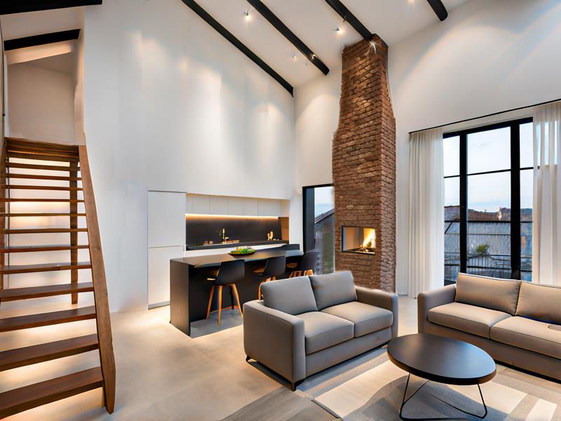 Modern open-plan living area featuring a striking brick fireplace, exposed timber beams, a sleek kitchen island, and a feature staircase under vaulted ceilings.