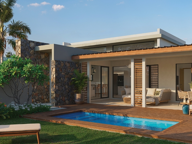 A modern penthouse rear exterior featuring a private swimming pool, timber decking, and a covered patio area with stone feature walls.