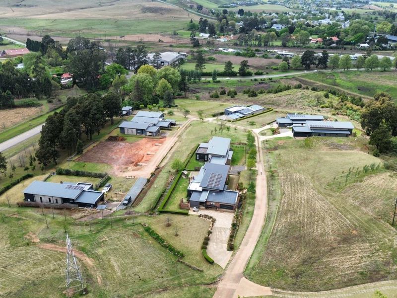 Aerial view of a residential estate featuring multiple modern homes with metal roofs, solar panels, and established landscaped grounds.