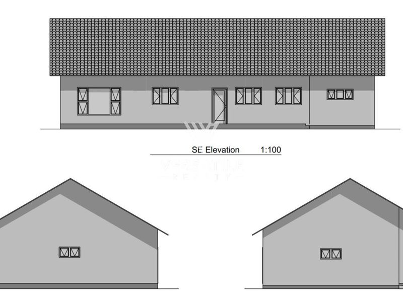 Architectural elevation drawing showing the southeast facade and side profiles of the proposed residential structure.