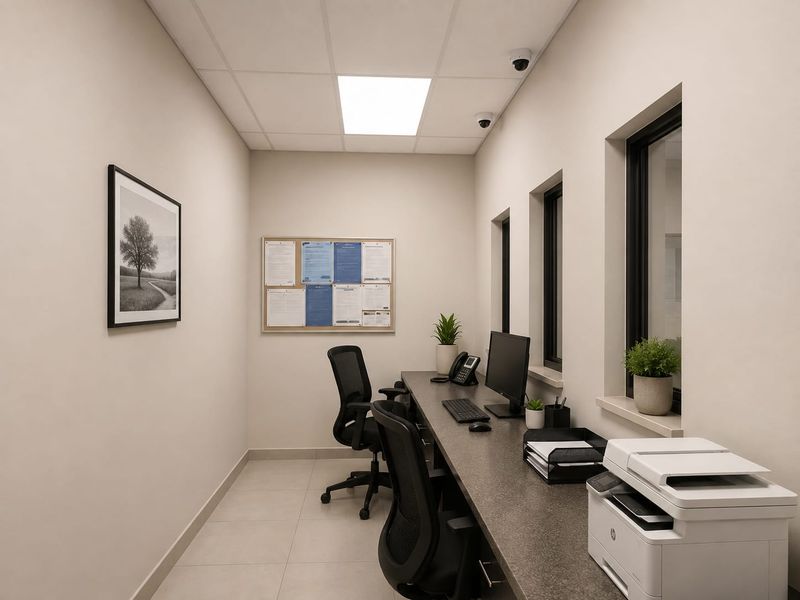 A clean, modern office space featuring a long built-in desk, recessed lighting, and tiled flooring, suitable for professional administrative use.