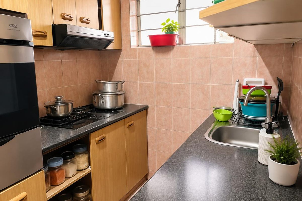 A compact kitchen featuring laminate cabinetry, granite countertops, a built-in oven, gas hob, and a tiled backsplash with a window for natural light.