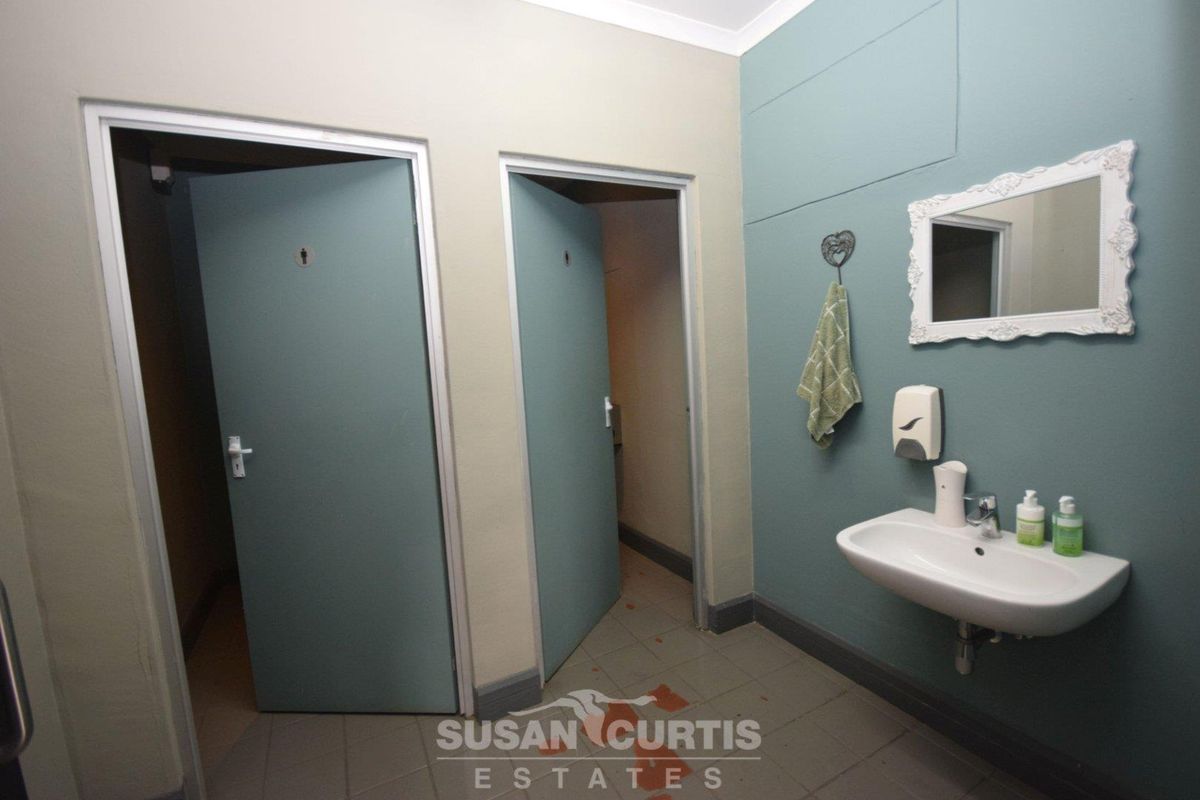 A functional commercial restroom area featuring a wall-mounted basin, soap dispenser, and two separate toilet cubicle entrances.