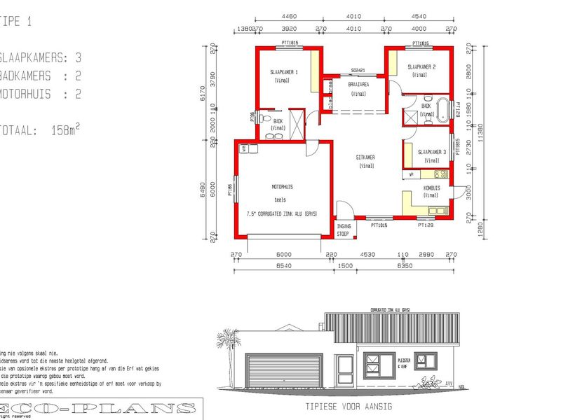 Architectural floor plan and front elevation rendering for a 158m2 three-bedroom, two-bathroom house with a double garage.