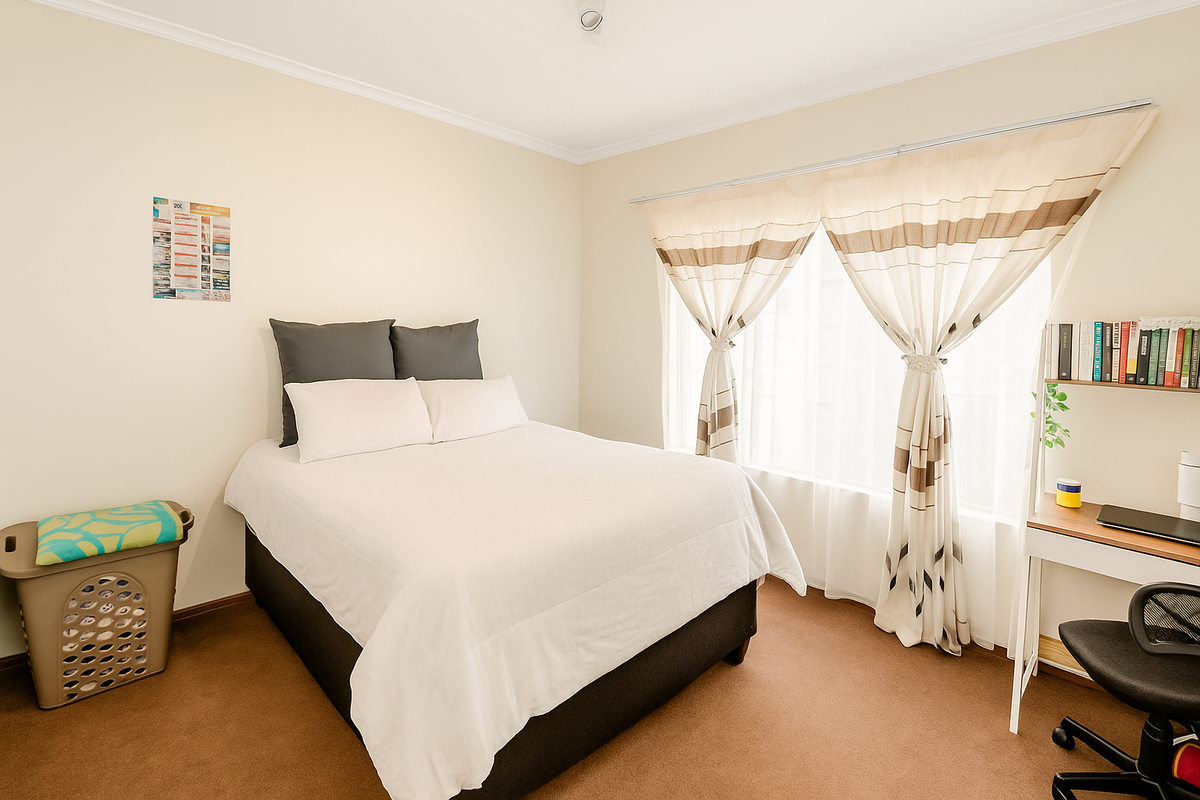 A well-lit bedroom featuring neutral wall tones, carpeted flooring, and large windows with fitted curtain tracks.