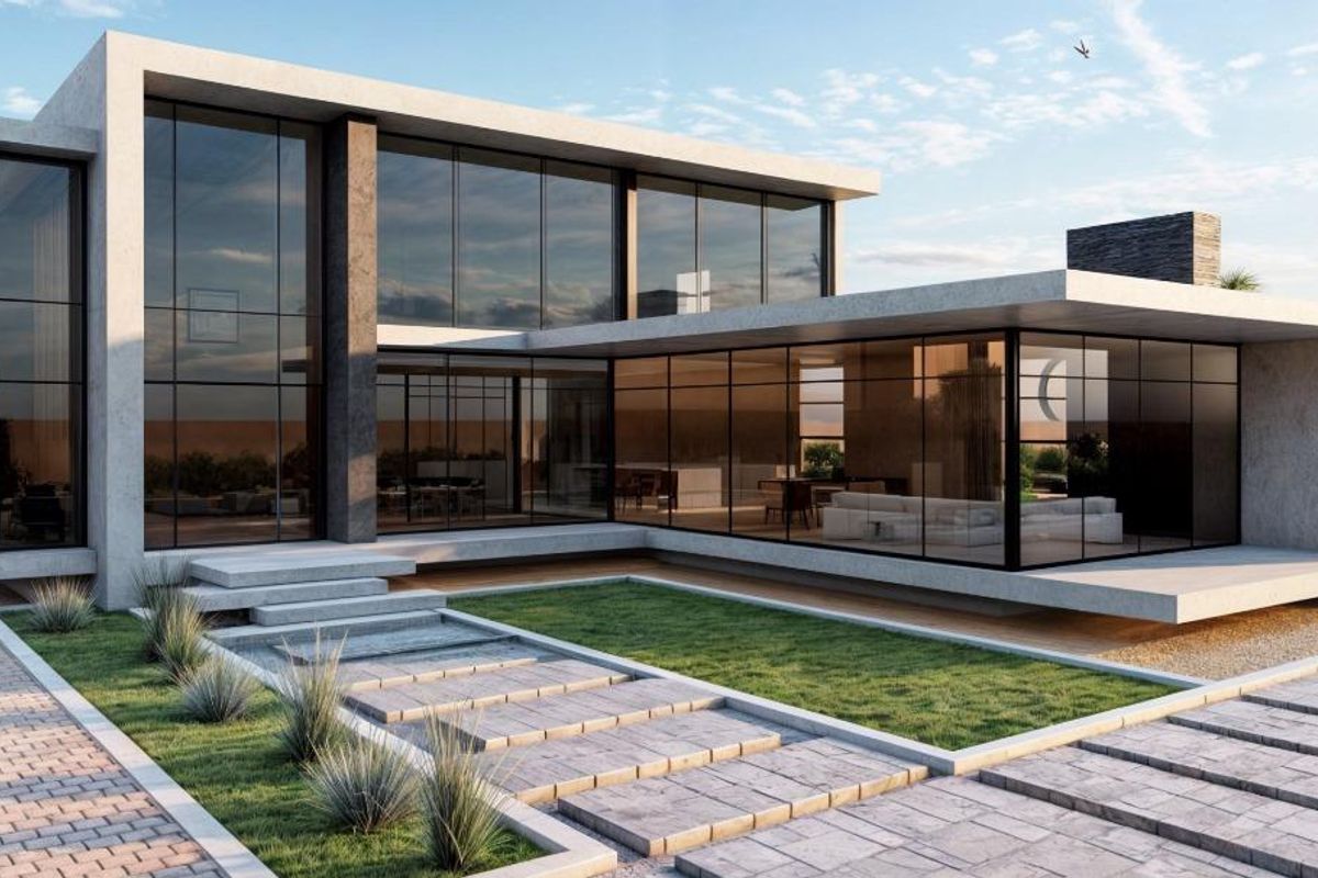 Modern luxury residence featuring expansive floor-to-ceiling glass walls, cantilevered concrete architecture, and a meticulously landscaped rear garden with stone pathways.