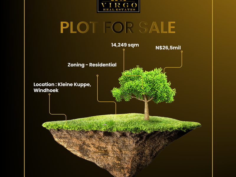 A promotional graphic for a 14,249 sqm residential plot for sale in Kleine Kuppe, Windhoek.