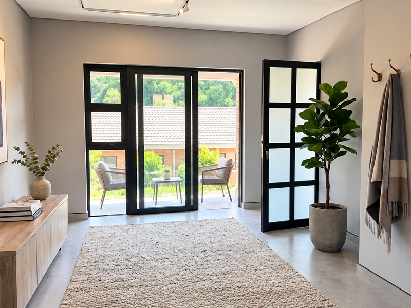 A bright living area featuring modern tiled flooring, sleek sliding glass doors leading to a patio, and a stylish framed glass entrance door.