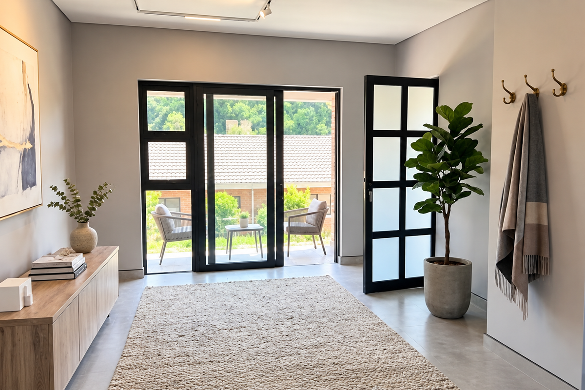 A bright living area featuring modern tiled flooring, sleek sliding glass doors leading to a patio, and a stylish framed glass entrance door.