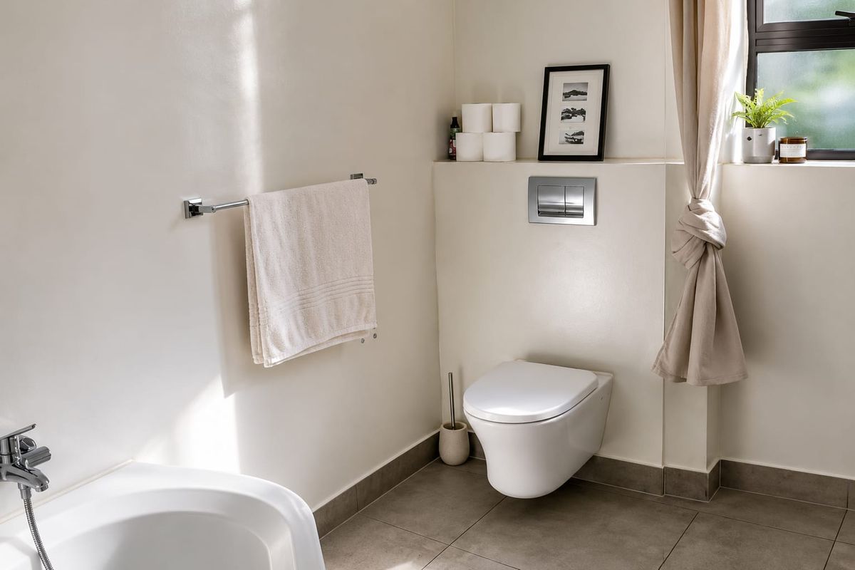 A modern bathroom featuring a wall-mounted toilet with a concealed cistern, tiled flooring, and a bathtub with chrome fixtures.