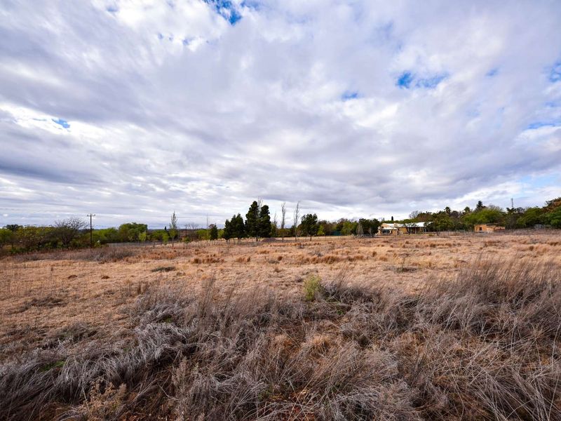 A wide-angle view of a large, undeveloped residential plot featuring dry grass, perimeter fencing, and mature trees under a cloudy sky.