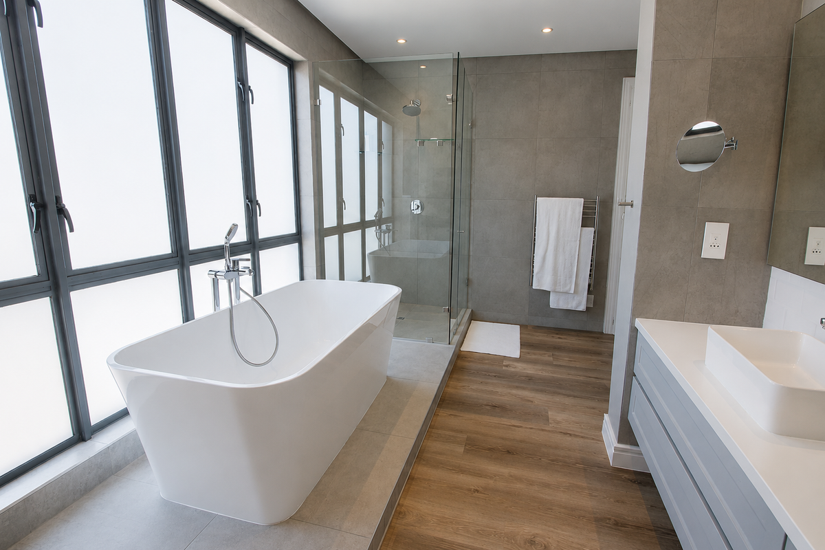 Modern bathroom featuring a sleek freestanding bathtub, glass-enclosed shower, vanity with basin, and high-quality finishes with large windows providing ample natural light.