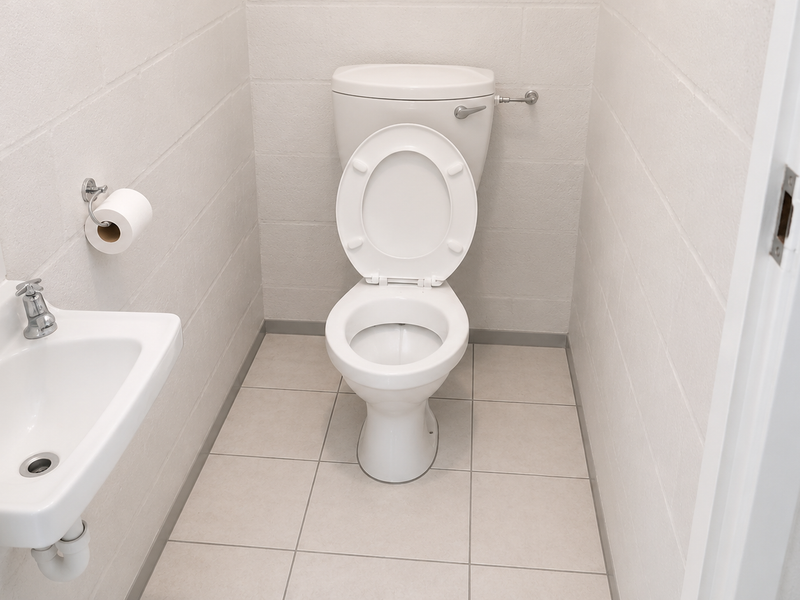 A clean, functional industrial-style restroom featuring a white toilet, wall-mounted basin, and neutral tiled flooring with exposed cinder block walls.