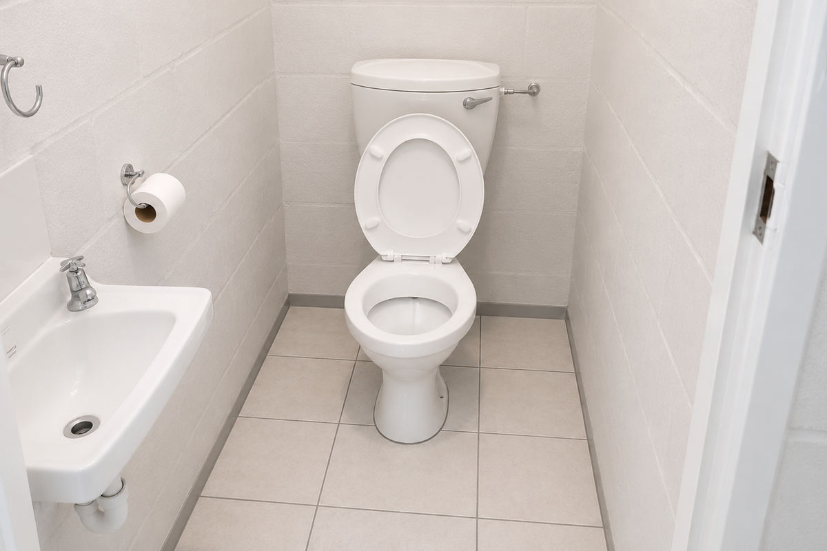 A clean, functional industrial-style restroom featuring a white toilet, wall-mounted basin, and neutral tiled flooring with exposed cinder block walls.