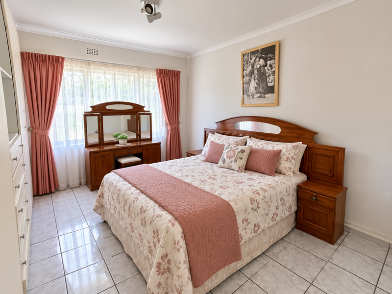 A well-maintained bedroom featuring tiled flooring, built-in cupboards, and neutral wall finishes, offering a clean and functional living space.