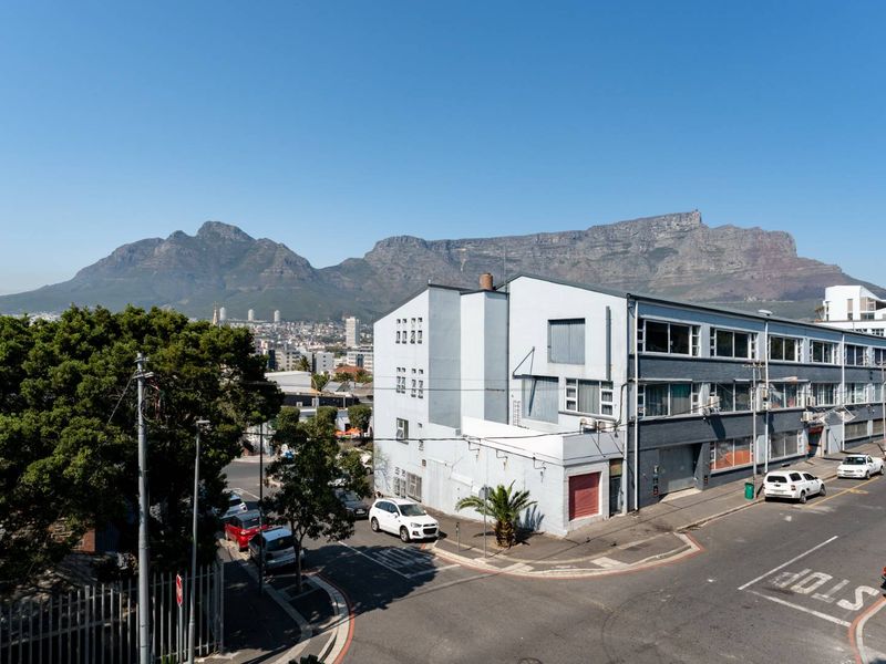 Elevated view of the surrounding urban neighborhood with a prominent mountain backdrop.