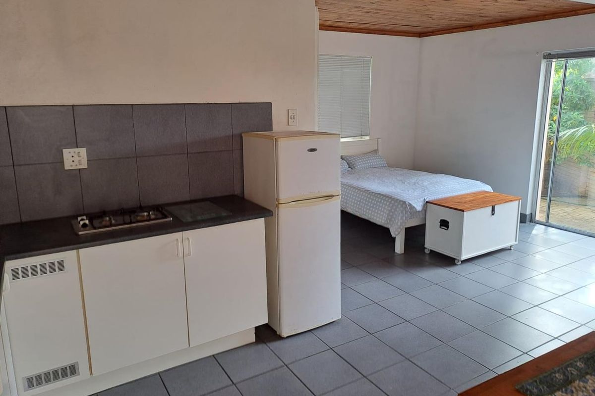 Open-plan studio apartment featuring a compact kitchenette with gas hob, tiled flooring, timber ceiling, and direct access to an outdoor patio area.