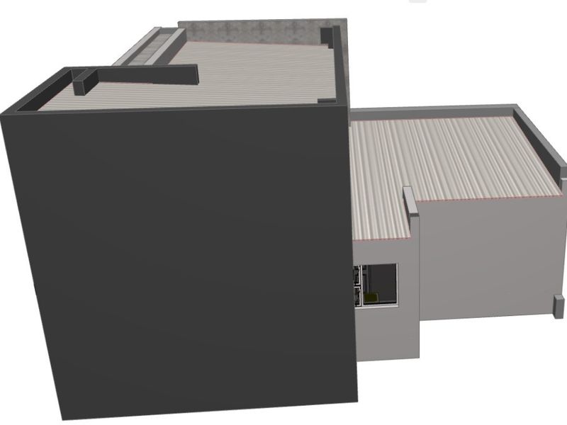 An elevated 3D architectural rendering showing the roof structure and exterior massing of the building.