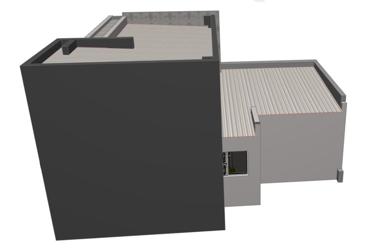 An elevated 3D architectural rendering showing the roof structure and exterior massing of the building.