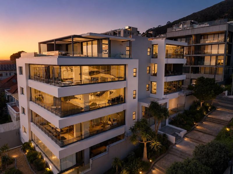 Aerial view of a modern multi-story apartment building at dusk, featuring extensive glass facades, private balconies, and integrated exterior lighting.
