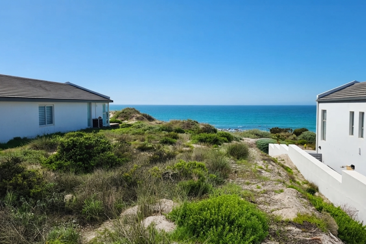 A scenic view of the ocean from between two residential properties, featuring natural coastal vegetation and sandy terrain.