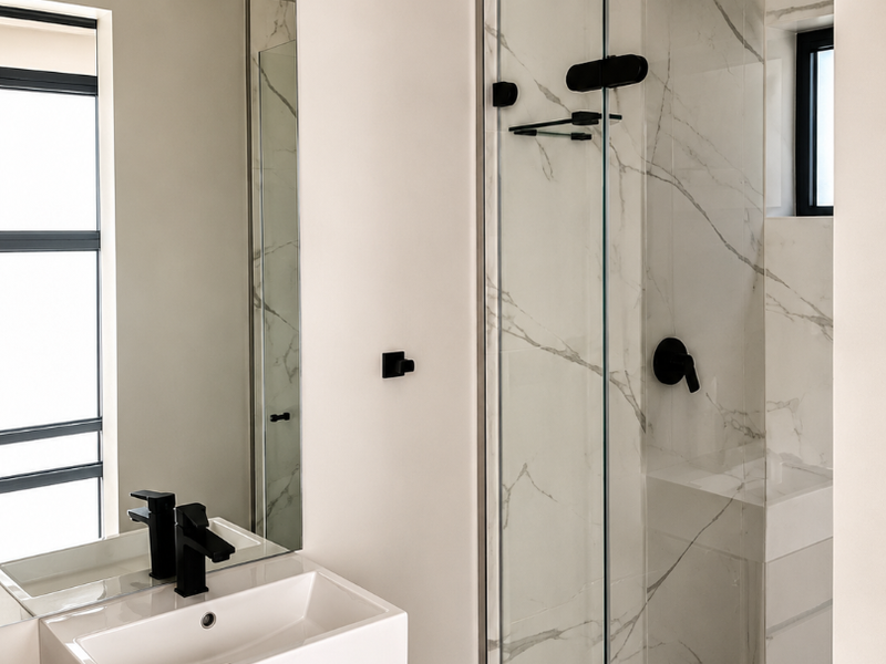 Modern bathroom featuring a sleek vanity with basin, large mirror, and a walk-in shower with marble-look tiling and contemporary black fixtures.