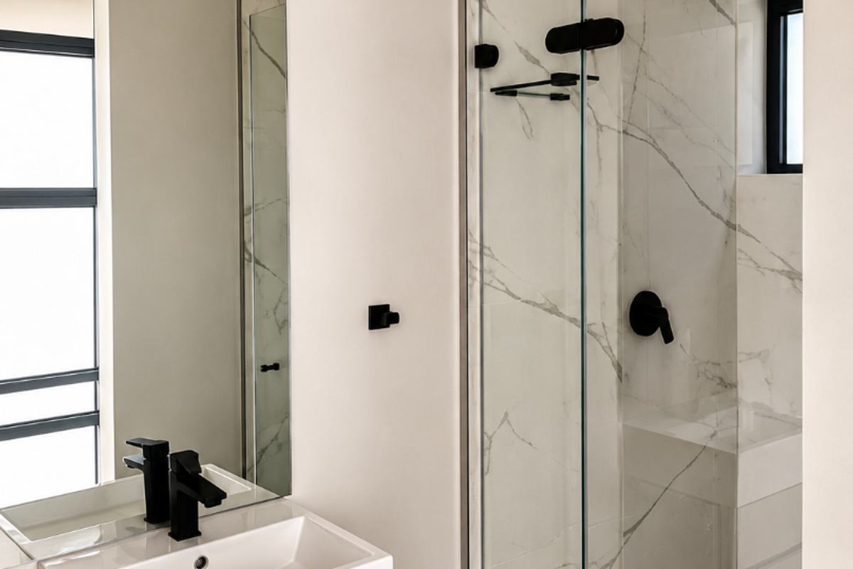 Modern bathroom featuring a sleek vanity with basin, large mirror, and a walk-in shower with marble-look tiling and contemporary black fixtures.
