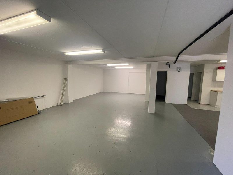 An open-plan commercial space featuring painted concrete flooring, structural columns, and functional overhead fluorescent lighting, suitable for various business or office configurations.