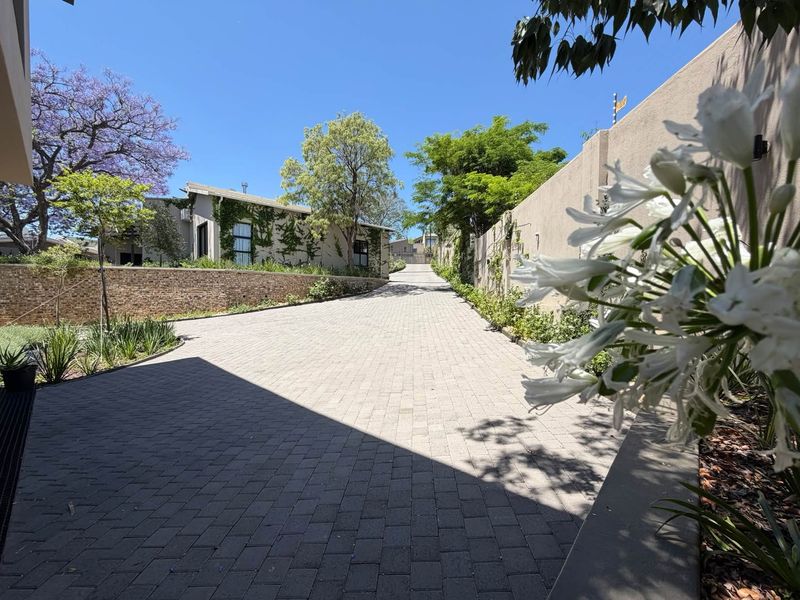 A well-maintained paved driveway leading up to the property, featuring established landscaping, a retaining wall, and a secure boundary wall.