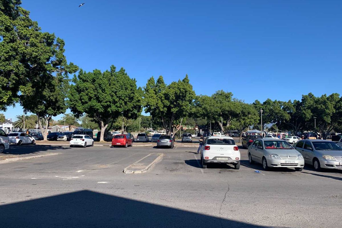 An outdoor parking area featuring paved surfaces, mature trees, and designated parking bays for retail customers.