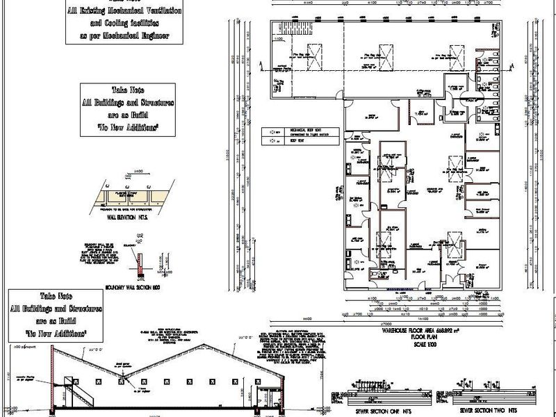 Architectural floor plan and section drawings for an industrial warehouse facility, detailing layout, dimensions, and structural specifications.