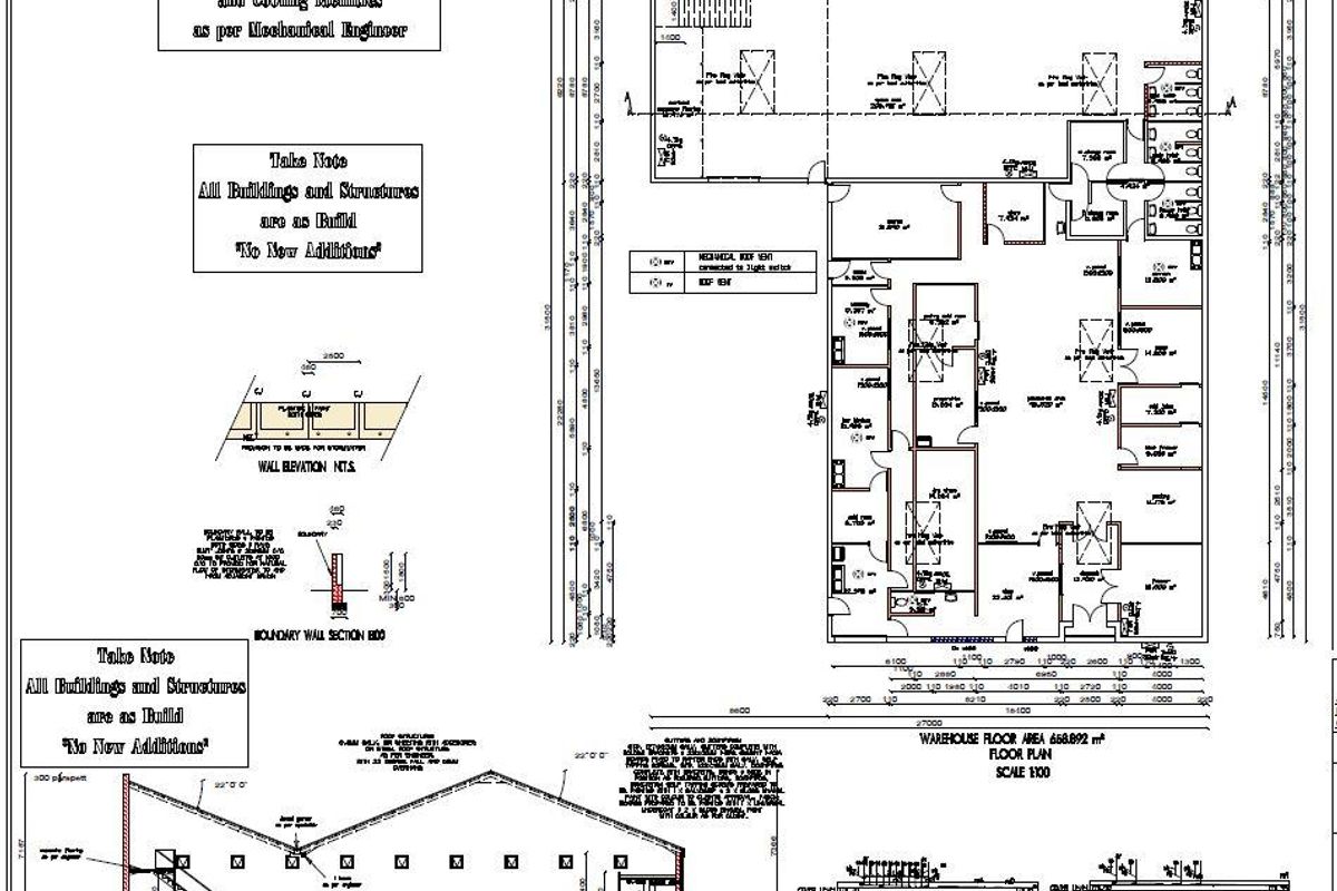 Architectural floor plan and section drawings for an industrial warehouse facility, detailing layout, dimensions, and structural specifications.