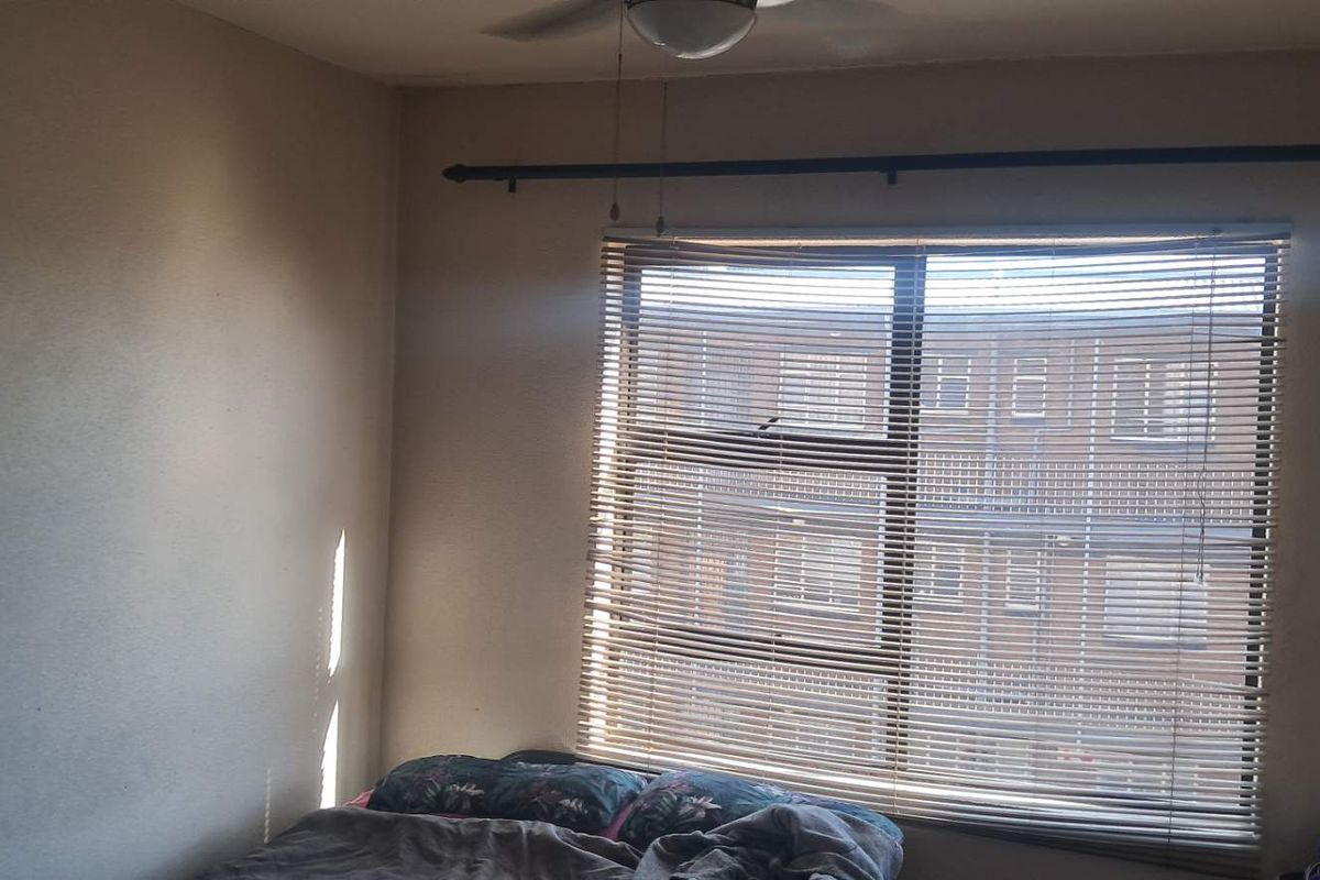A bedroom featuring a large window with fitted horizontal blinds and a ceiling fan.