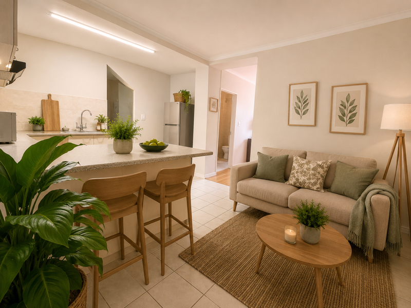 Open-plan living area featuring a functional kitchen with granite countertops and tiled flooring, seamlessly flowing into a comfortable lounge space.
