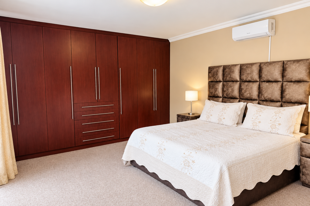 Spacious bedroom featuring extensive dark wood built-in cupboards, wall-to-wall carpeting, and a wall-mounted air conditioning unit.