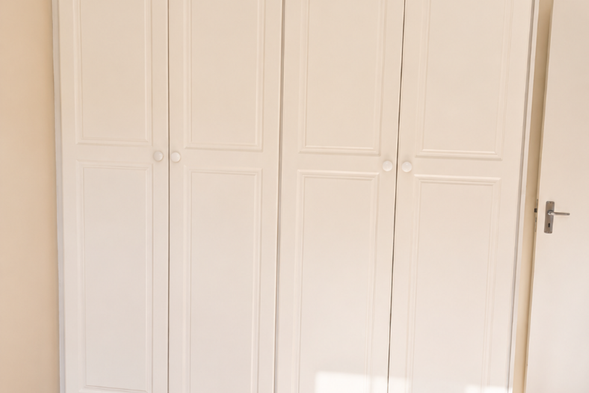 A bright bedroom featuring neutral walls, light wood-look laminate flooring, and a large, well-maintained built-in wardrobe with classic panel detailing.