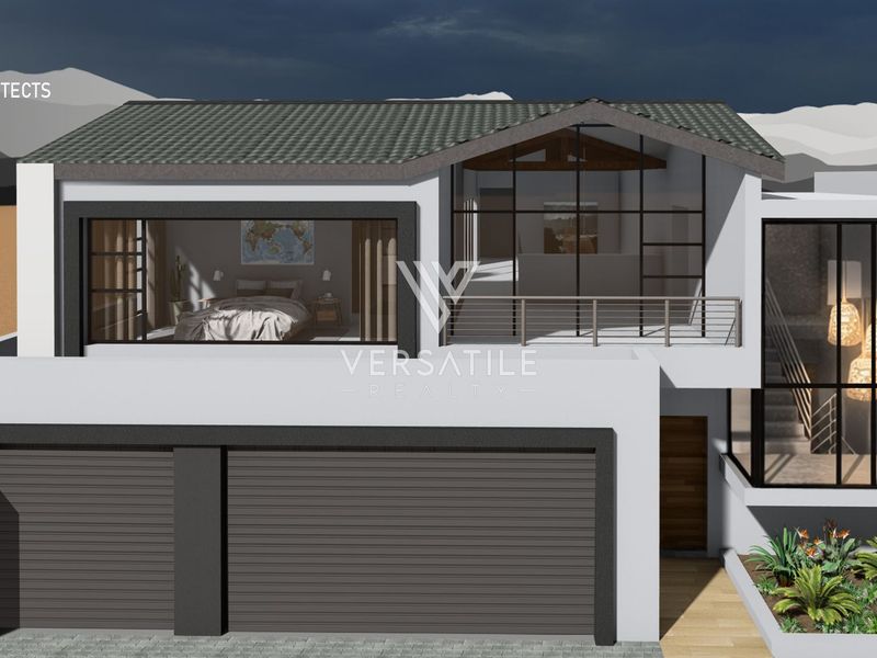 A modern architectural 3D render of a two-story house featuring a double garage, balcony, and large glass windows.