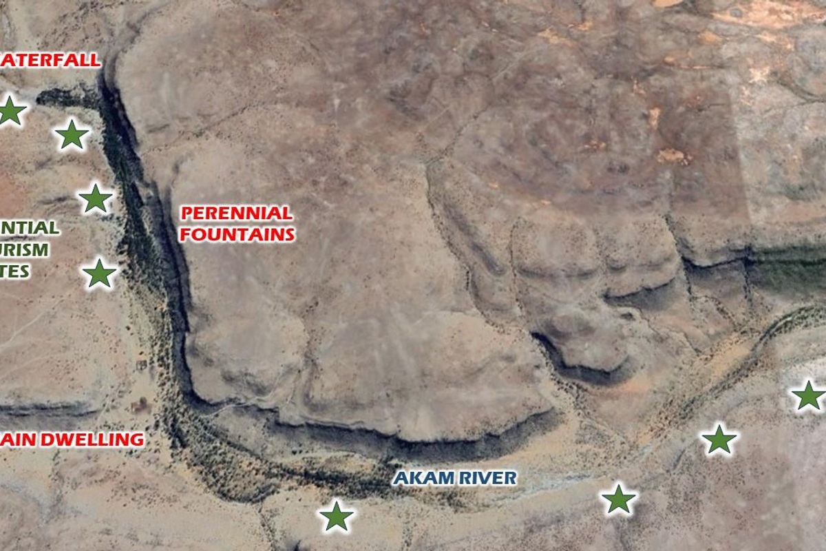 Aerial view of the farm property highlighting the Akam River, perennial fountains, waterfall, and the location of the main dwelling.