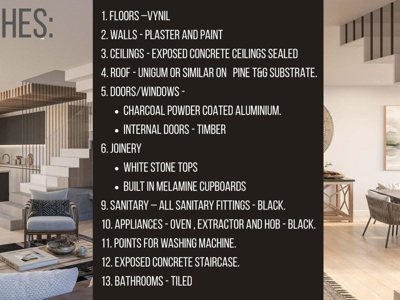A modern open-plan living and kitchen area featuring exposed concrete ceilings, vinyl flooring, and high-end finishes including stone countertops and black fixtures.