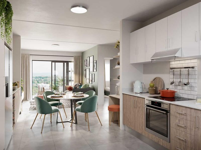 Modern open-plan apartment featuring a contemporary kitchen with wood-finish cabinetry, integrated appliances, and seamless flow to a bright living area with balcony access.