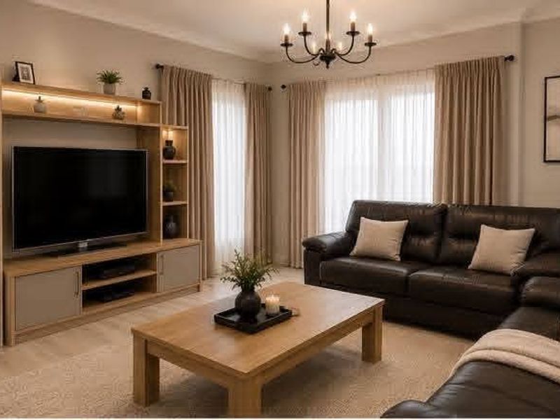 A well-appointed living room featuring a custom built-in media unit with integrated lighting, neutral finishes, and elegant window treatments.