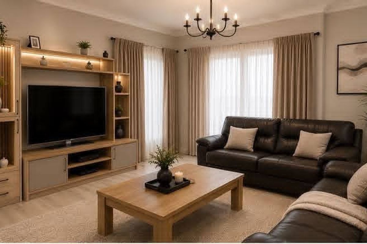 A well-appointed living room featuring a custom built-in media unit with integrated lighting, neutral finishes, and elegant window treatments.