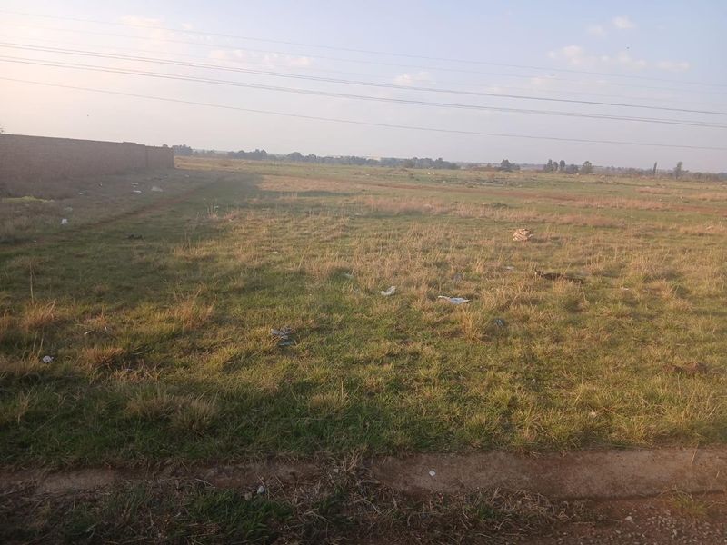 A view of a vacant residential plot featuring open grass land, a boundary wall, and overhead power lines.