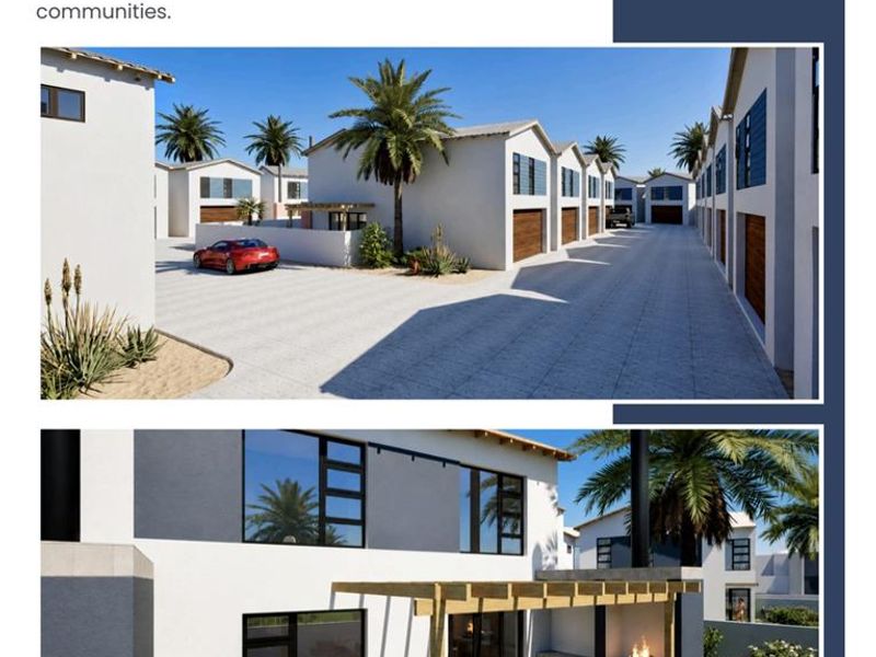 A promotional marketing brochure page featuring architectural renderings of townhouse exteriors, private patios, and estate landscaping at Valora Estate.