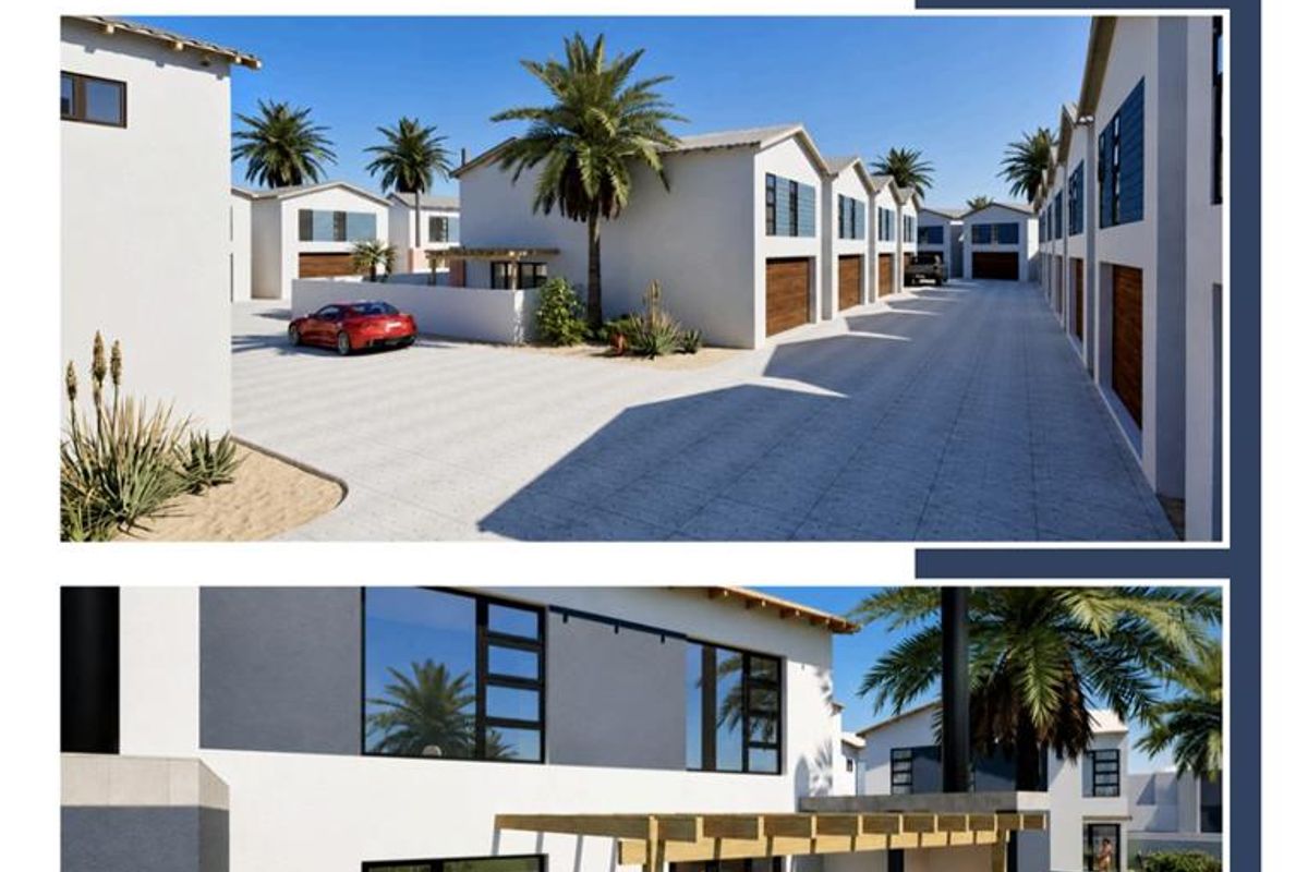 A promotional marketing brochure page featuring architectural renderings of townhouse exteriors, private patios, and estate landscaping at Valora Estate.